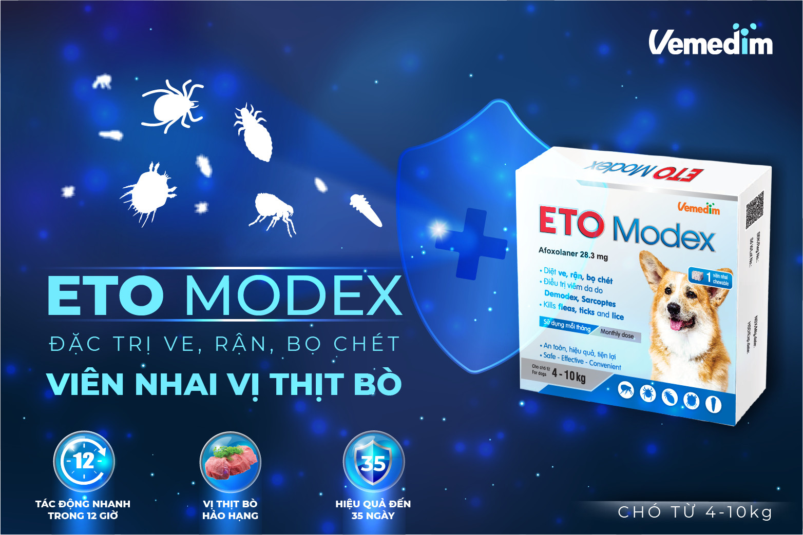 Vemedim ETO Modex - Diệt ve, rận, bọ chét, điều trị viêm da do Demodex, Sarcoptes