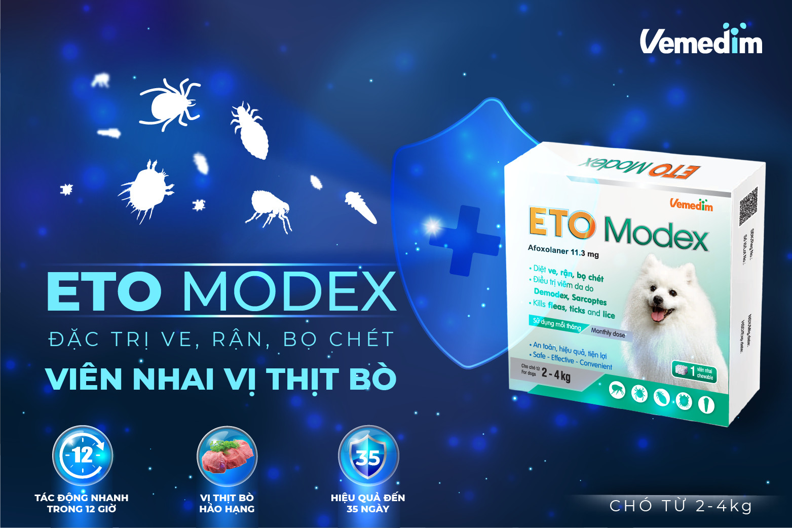 Vemedim ETO Modex - Diệt ve, rận, bọ chét, điều trị viêm da do Demodex, Sarcoptes