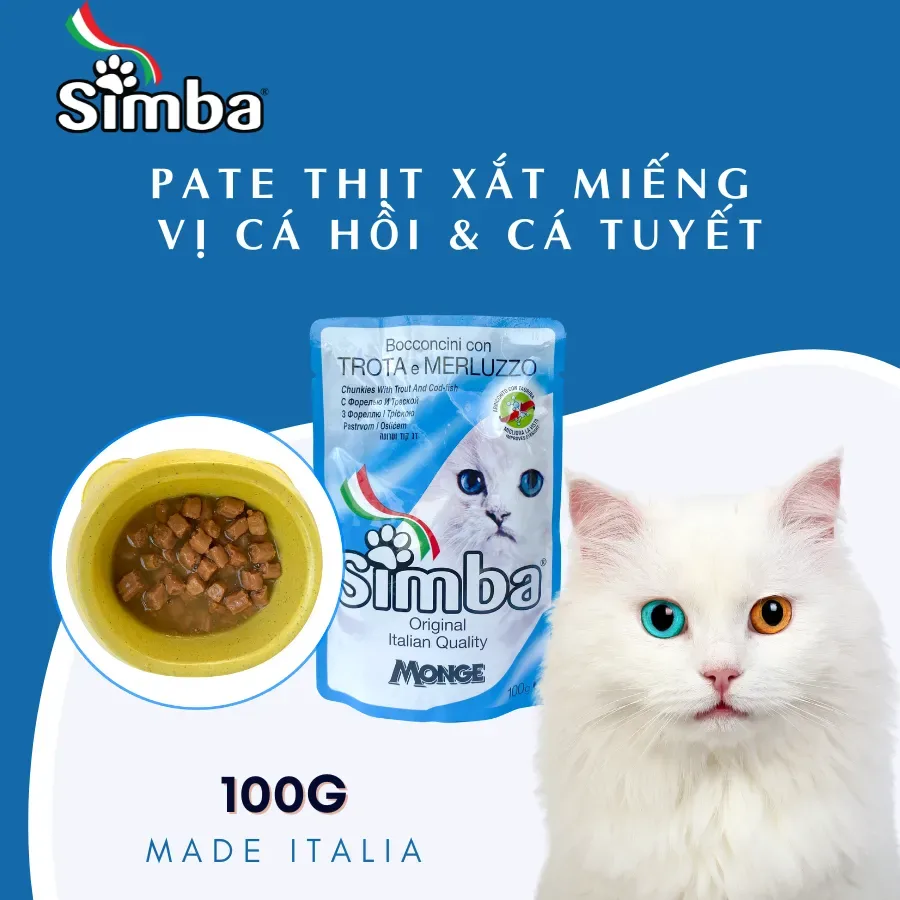 Pate Simba cho mèo - dạng thịt nướng vị Cá tuyết và cá hồi 100g