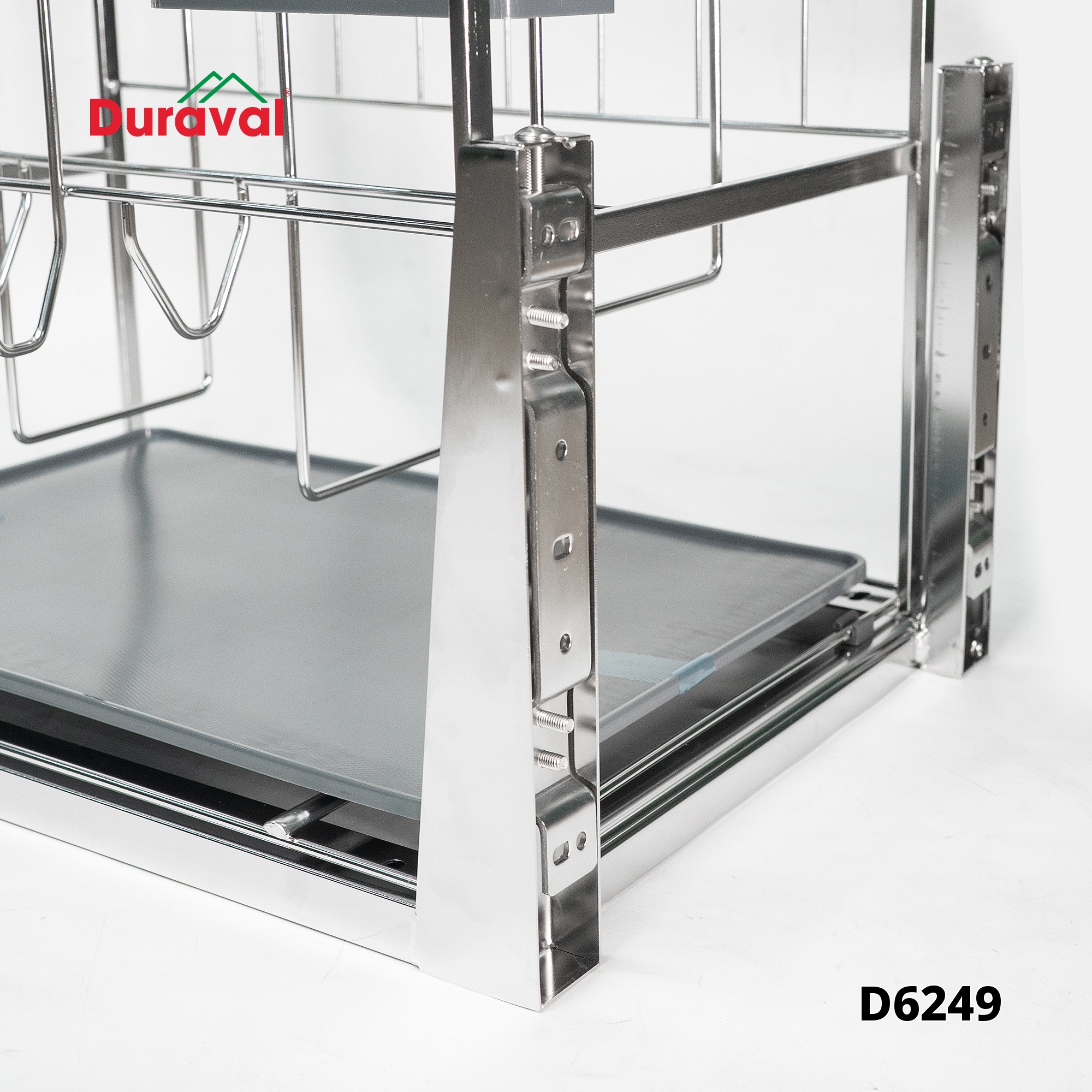 Cận cảnh ray, khung đỡ và khay hứng nước của giá dao thớt Duraval D6249
