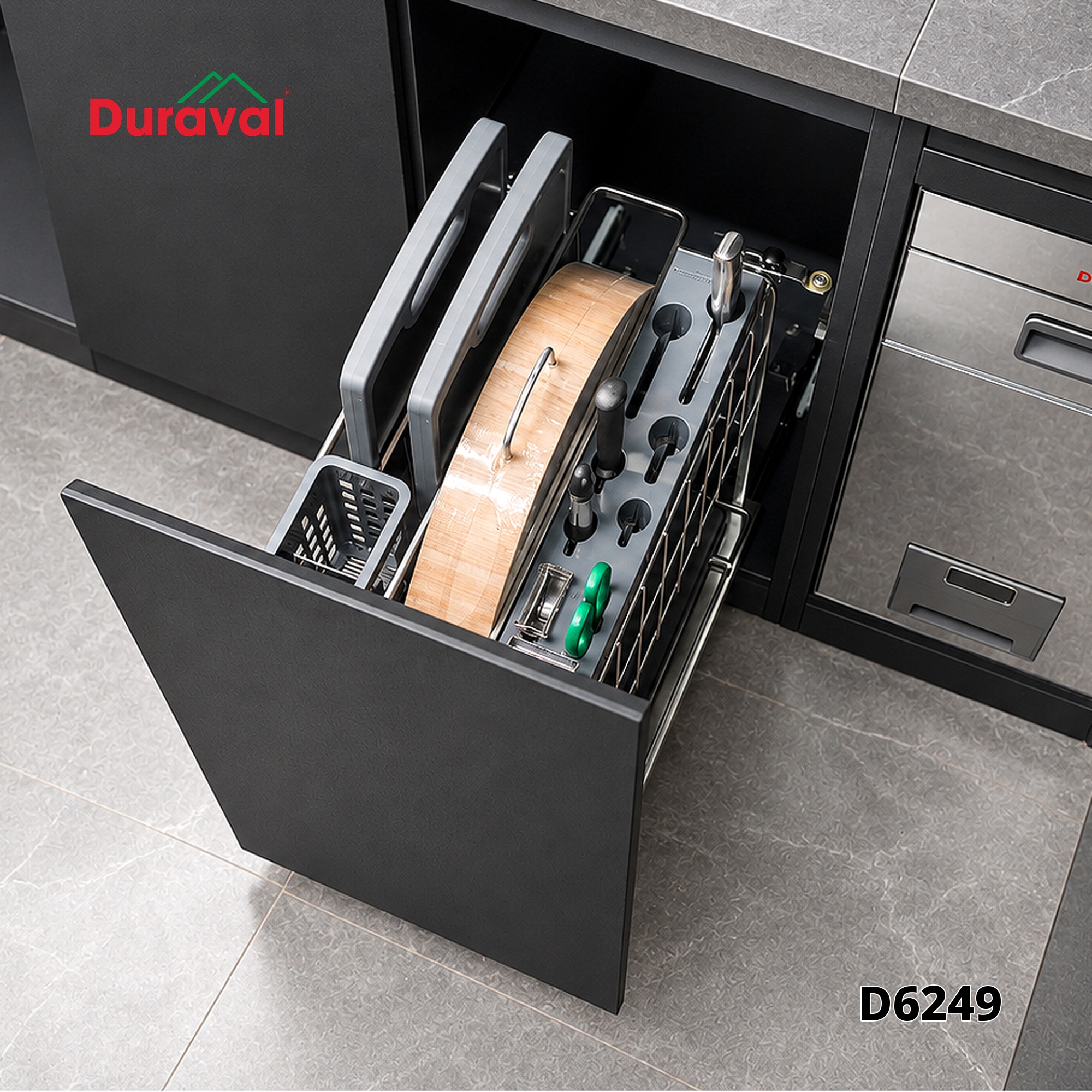 Giá dao thớt D6249 cỡ 350/400 lắp trong tủ bếp dưới, có ngăn thớt chặt và khay cài dao