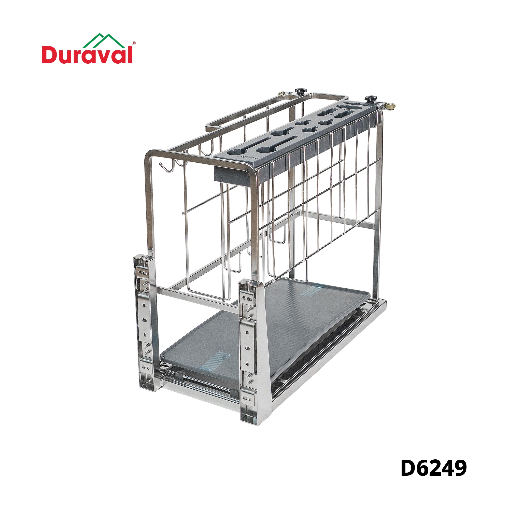 Giá dao thớt inox 304 Duraval D6249 tách nền, giỏ inox và khay cài dao