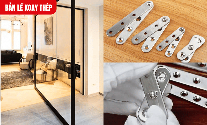 Bản lề xoay được làm từ thép và hợp kim cao cấp, có bề mặt sáng bạc