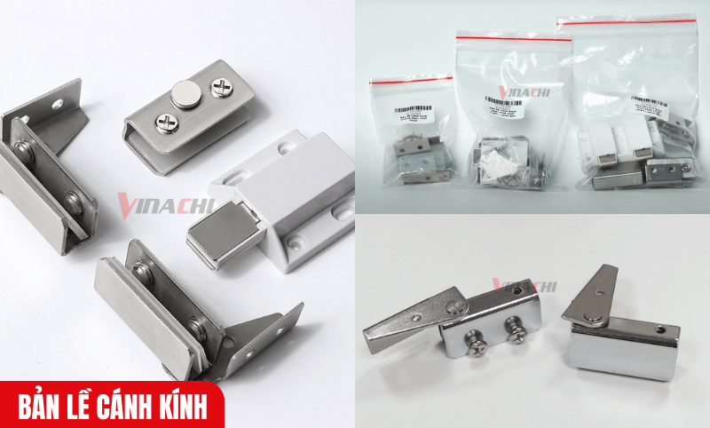 Trọn bộ sản phẩm bao gồm bản lề và nhấn mở, ốc vít chuyên dụng và tấm lót đệm kính