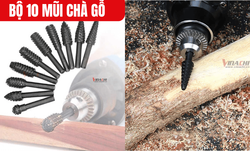 Bộ 10 mũi chà có đường kính cốt 6.35mm tương thích với hầu hết các loại máy chà gỗ thông dụng