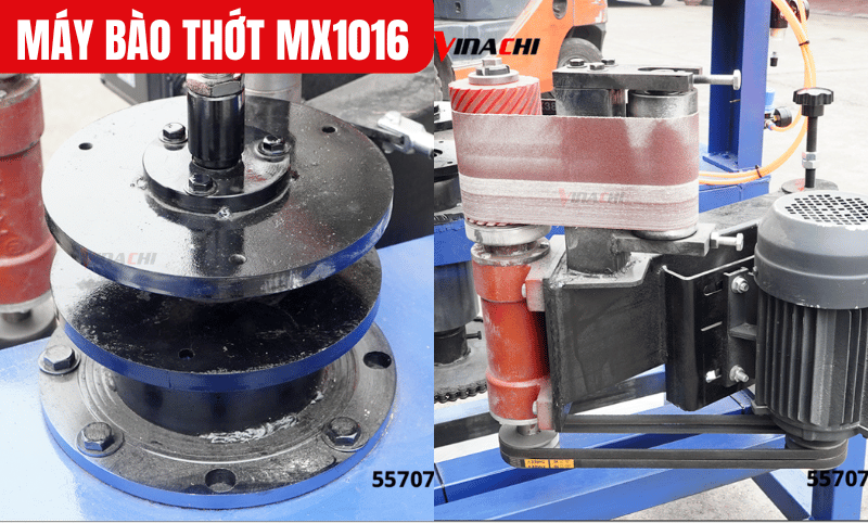 Máy có trục chà nhám sau trục bào, giúp cạnh phôi sau khi hoàn thiện nhẵn, mịn