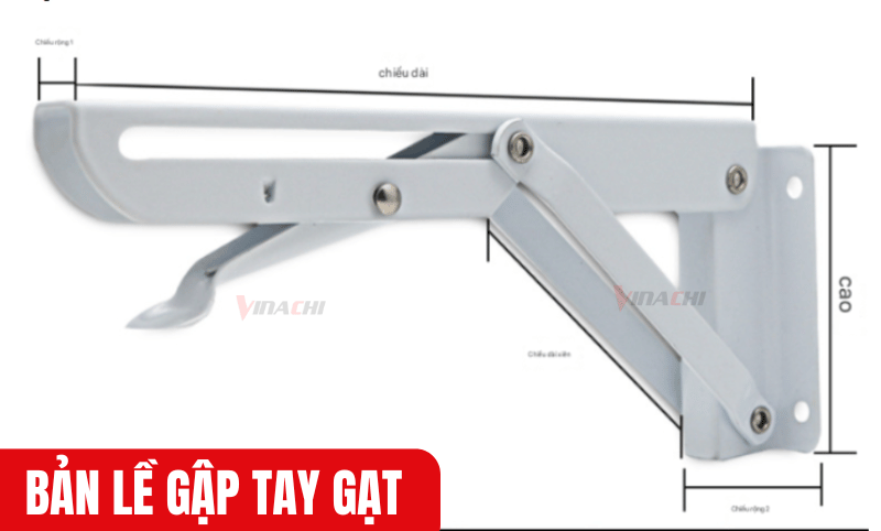 Hình ảnh minh họa kích thước chi tiết của Bản lề gập tay gạt