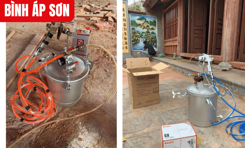 Gắn đầu nối khí nén từ máy nén khí vào van cấp hơi trên bình, đảm bảo kết nối chặt chẽ