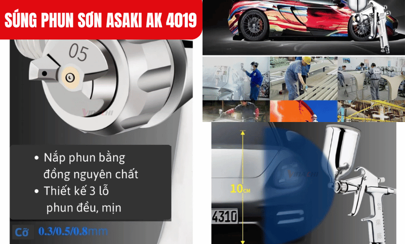 Súng phun sơn Asaki AK4019 dùng để phun sơn tỉa trên ô tô, gỗ, kim loại, nhựa