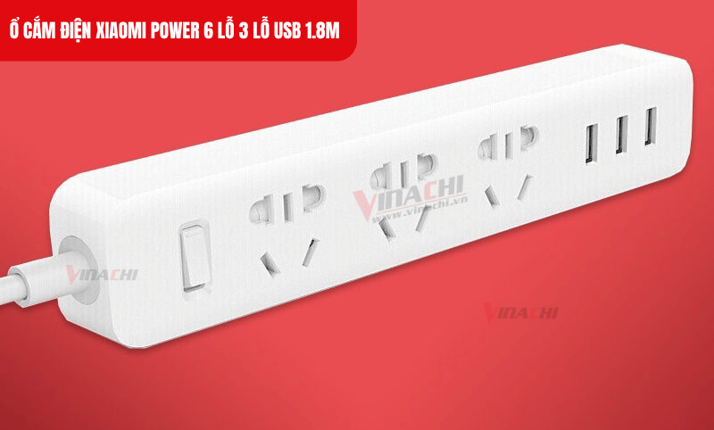 Ổ cắm điện Xiaomi Power 3 USB 1.8M thiết kế với 3 ổ cắm chân tròn và 3 ổ cắm chân dẹt 3 chấu