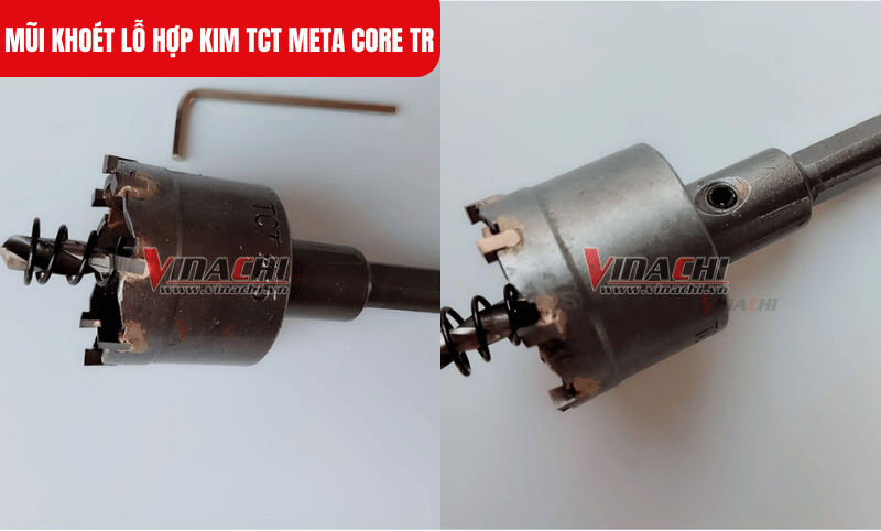 Sử dụng lục lăng điều chỉnh đi kèm để cố định mũi khoét đúng vị trí, đảm bảo không bị lỏng trong quá trình khoan