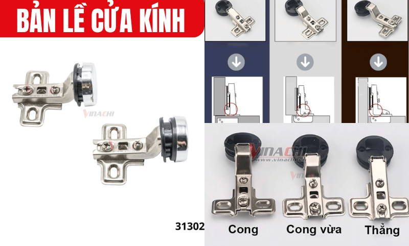 Bản lề cửa kính có 3 loại cong nhiều, cong vừa, thẳng