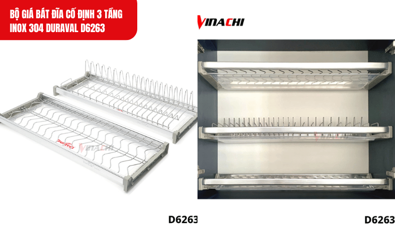 Bộ giá bát đĩa inox 304 Duraval D6263 thiết kế 3 tầng cố định xếp chồng theo chiều dọc