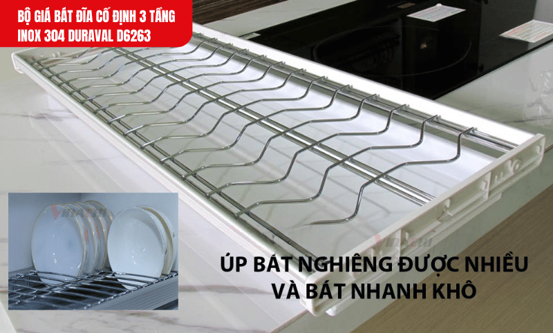 Mỗi tầng chịu được tối đa 10kg, do đó không nên đặt quá nhiều bát đĩa nặng vượt mức khuyến nghị