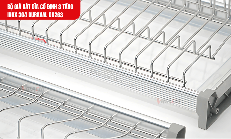 Cận cảnh chất liệu inox 304 của Bộ giá bát đĩa cố định 3 tầng Duraval D6263