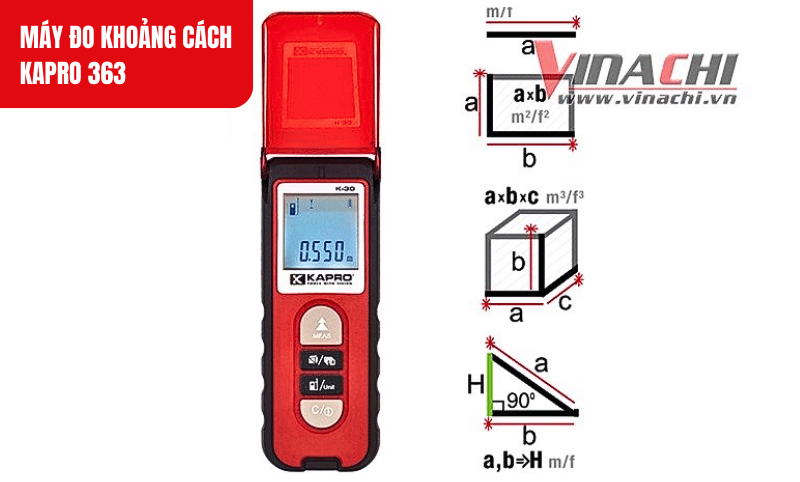 Máy có các chức năng đo diện tích, thể tích, khoảng cách và màn hình hiển thị rõ ràng