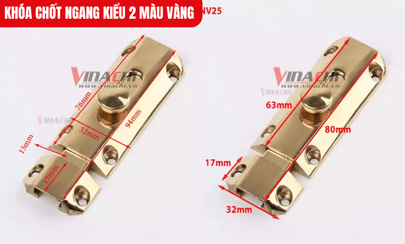 Khóa chốt ngang kiểu 2 màu vàng sản xuất với nhiều kích thước khác nhau