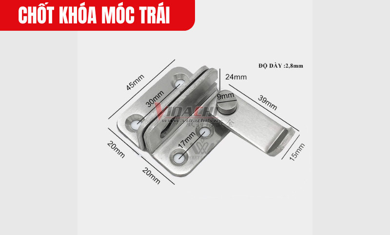 Kích thước chi tiết của sản phẩm Chốt khóa móc trái