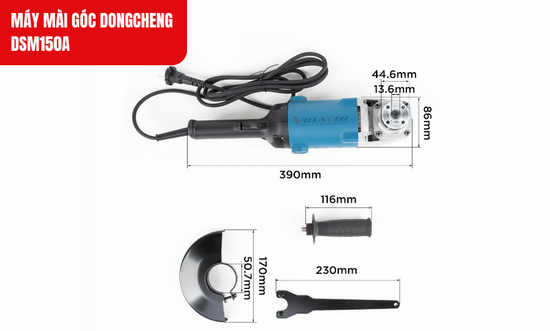 Kích thước chi tiết của máy mài góc Dongcheng DSM150A