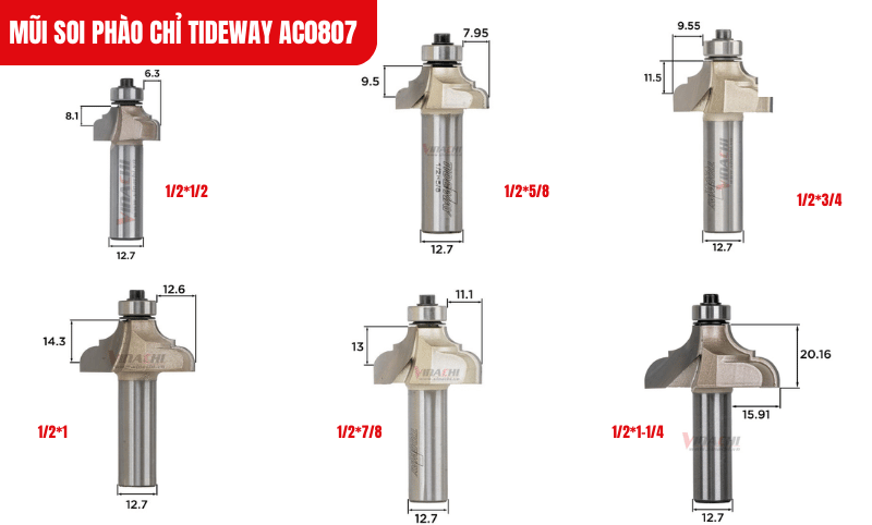 Mũi soi đa dạng kích thước từ 1/21/2 đến 1/21-1/4, linh hoạt cho mọi yêu cầu phào chỉ