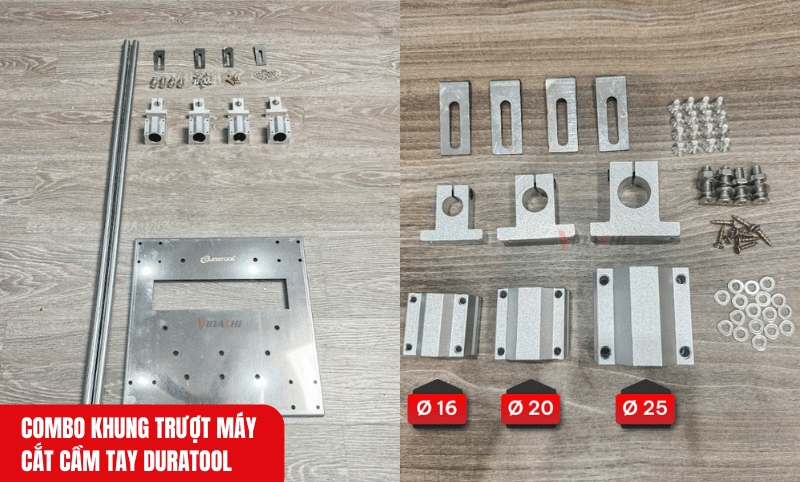 Combo khung trượt Duratool đi kèm đầy đủ phụ kiện thay thế, đảm bảo hiệu quả sử dụng lâu dài