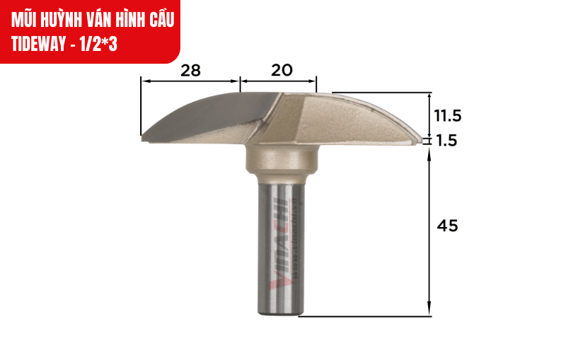 Kích thước chi tiết của mũi huỳnh ván hình cầu Tideway - 1/2*3