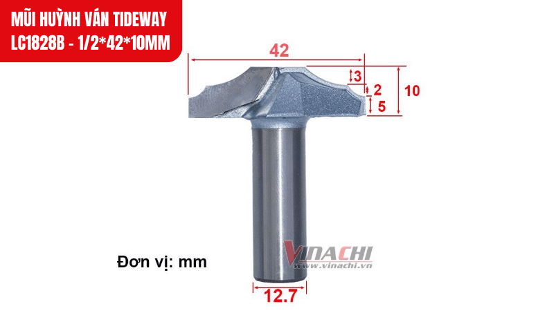 Kích thước chi tiết của mũi huỳnh ván Tideway LC1828B - 1/2*42*10mm
