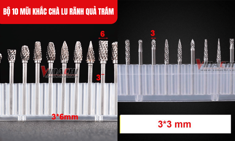 Kích thước chi tiết của Bộ 10 mũi khắc chà lu rãnh quả trám