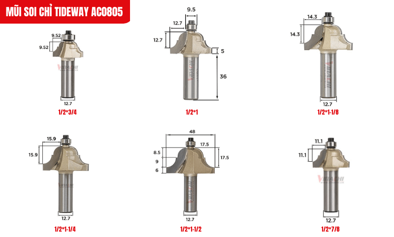 Kích thước chi tiết của từng phân loại mũi soi chỉ Tideway AC0805