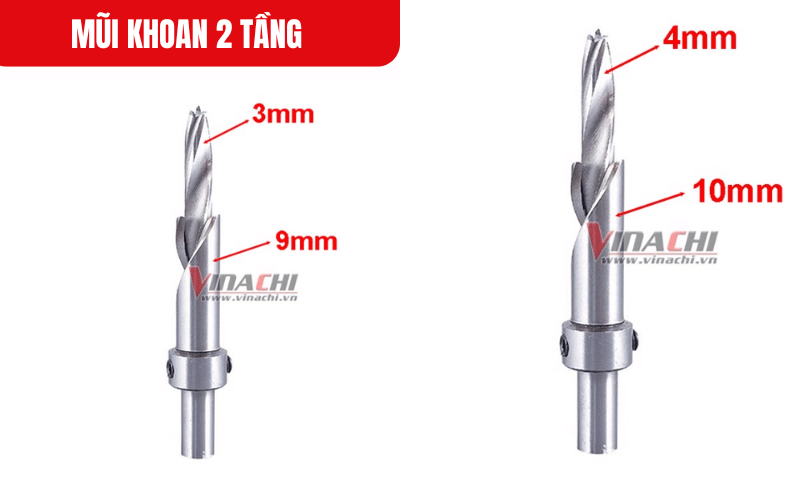 Kích thước chi tiết Mũi khoan 2 tầng mã 3*9mm và 4*10mm