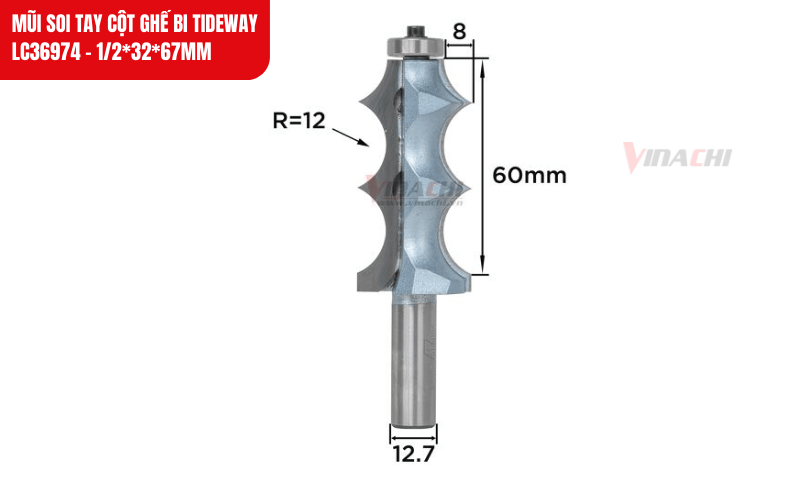 Kích thước chi tiết của mũi soi tay cột ghế bi Tideway LC36974 - 1/2*32*67mm