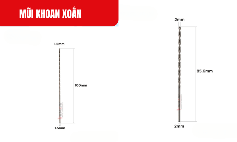 Kích thước chi tiết của sản phẩm Mũi khoan xoắn 1.5*100mm và 2*85mm