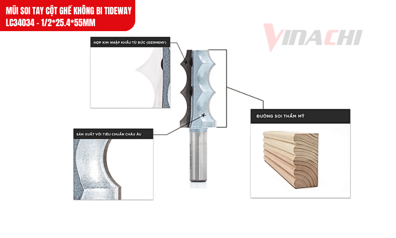 Mũi soi Tideway LC34034 với lưỡi hợp kim sắc bén, tạo đường chỉ nổi tinh xảo trên cột ghế và xà giường