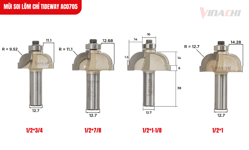 Mũi soi lõm chỉ Tideway AC0705 có 4 kích thước khác nhau, đáp ứng đa dạng nhu cầu tạo rãnh trên bề mặt gỗ của bạn