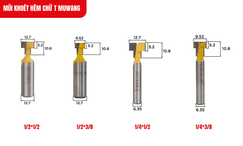 Mũi khoét hèm chữ T Muwang với chiều rộng 9.52mm đến 12.7mm, linh hoạt cho nhiều kích thước rãnh