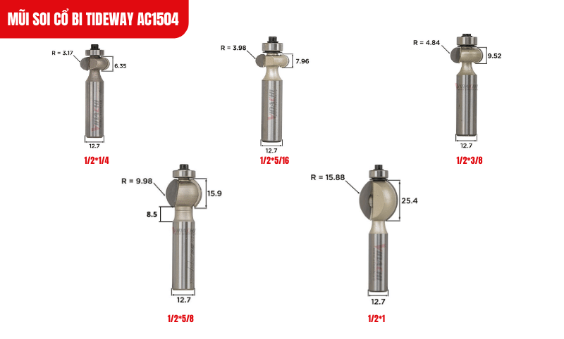 Mũi đa dạng kích thước đường kính và chiều sâu soi, phù hợp cho nhiều kiểu chi tiết từ đơn giản đến tinh xảo