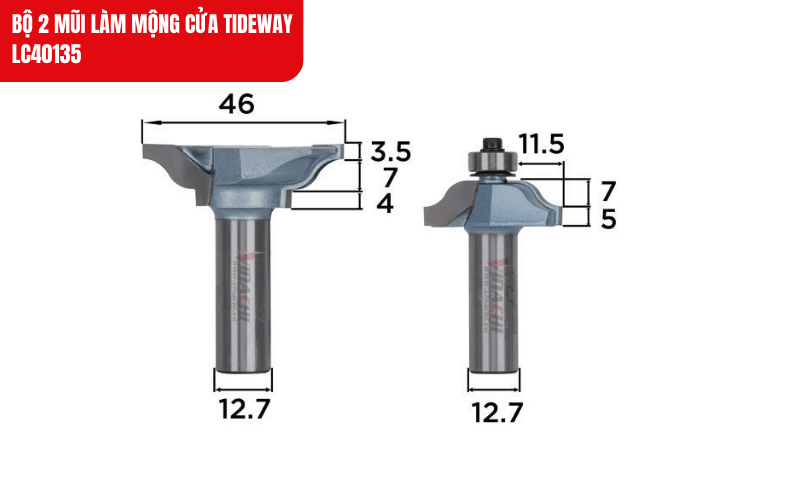 Bộ 2 mũi làm mộng cửa Tideway LC40135 được thiết kế để tạo ra những mộng cửa chính xác, đẹp mắt, đảm bảo kết cấu vững chắc