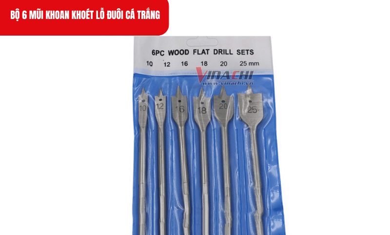 Bộ gồm 6 mũi khoan với đường kính từ 10mm đến 25mm, đáp ứng nhu cầu khoan các lỗ kích thước khác nhau