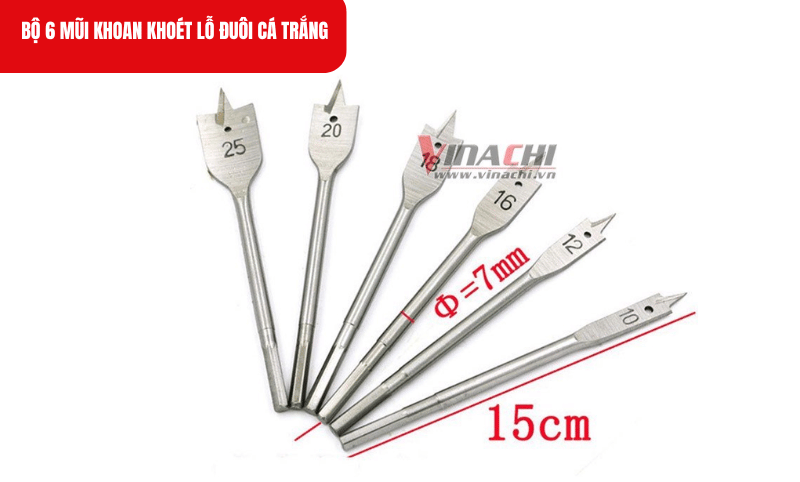 Kích thước chi tiết của sản phẩm Bộ 6 mũi khoan khoét lỗ đuôi cá trắng