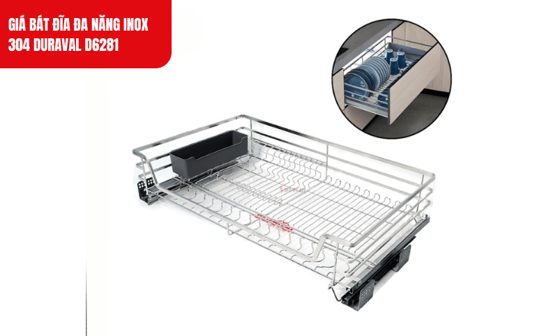 Bộ ray trượt giảm chấn và khay nhựa cài trên giá bát, mang lại sự tiện lợi và dễ dàng sử dụng cho người dùng