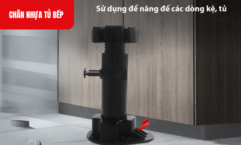 Chân nhựa tủ bếp giúp tạo sự ổn định cho các loại tủ, dễ dàng điều chỉnh độ cao và phù hợp với nhiều loại tủ nội thất