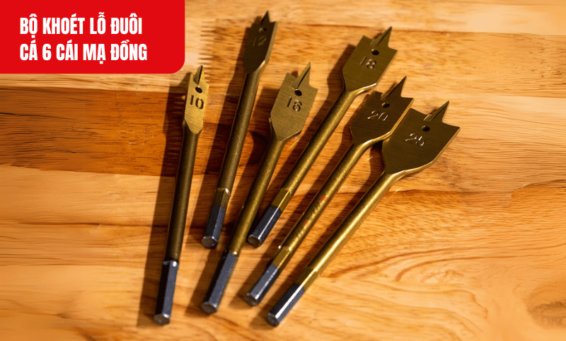 Bộ khoét lỗ đuôi cá 6 cái mạ đồng làm từ thép tôi cứng phủ titan cho độ bền, khả năng chịu lực và chống mài mòn cực cao