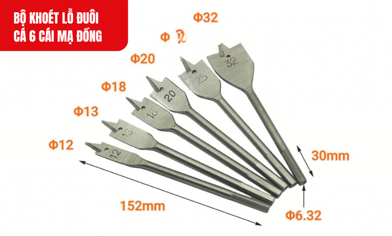 Bộ gồm 6 mũi với kích thước từ 10mm đến 25mm, đáp ứng đầy đủ nhu cầu khoét lỗ từ nhỏ đến lớn