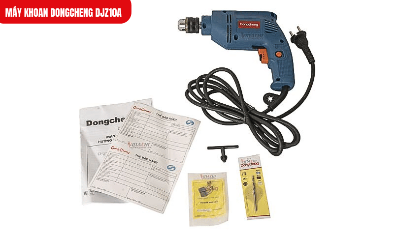Máy khoan điện 300W DongCheng DJZ10A đi kèm mũi khoan, cờ lê, bàn chải carbon