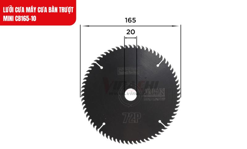 Kích thước lưỡi cưa đường kính 165mm giúp dễ dàng lắp đặt và sử dụng trên các máy cưa bàn trượt mini