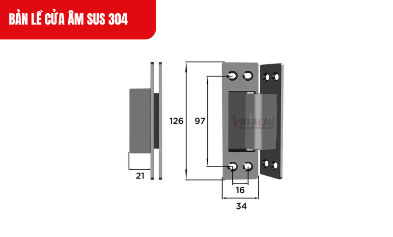 Kích thước chi tiết của sản phẩm Bản lề âm cửa SUS 304