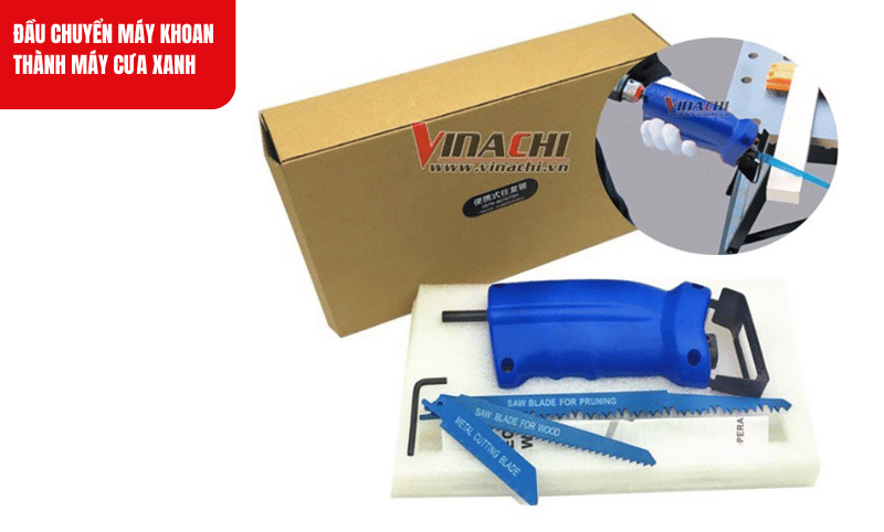 Đầu chuyển máy khoan thành máy cưa xanh có 1 lục lăng và 3 lưỡi cưa chuyên dụng