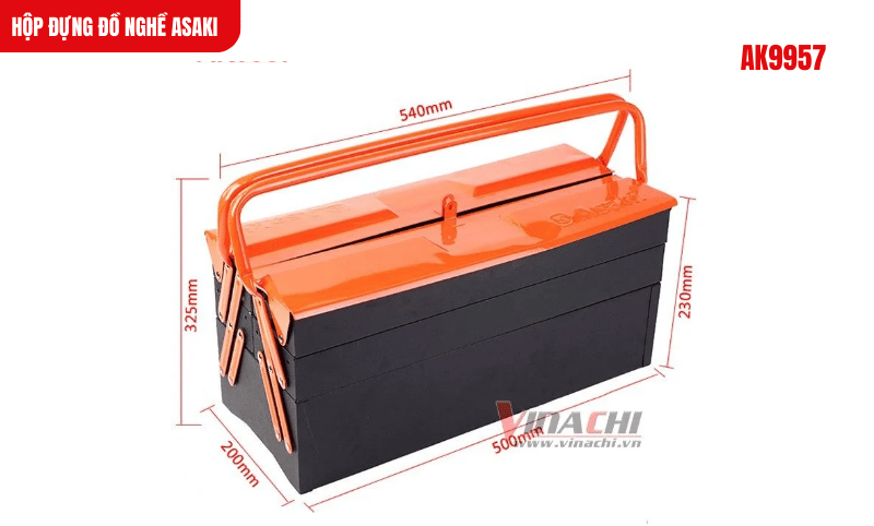 Kích thước chi tiết của hộp đựng mã AK9957, cấu tạo 3 tầng giúp tăng tối đa diện tích cất dụng cụ làm nghề