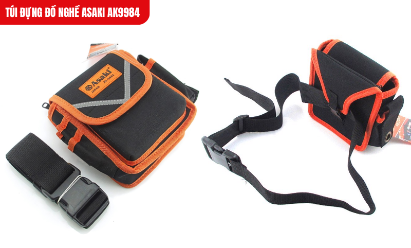 Túi đựng đồ nghề Asaki AK9984 từ vải sợi siêu bền, 7 ngăn chứa, chống đâm thủng, chịu tải tốt, đeo chéo tiện lợi.
