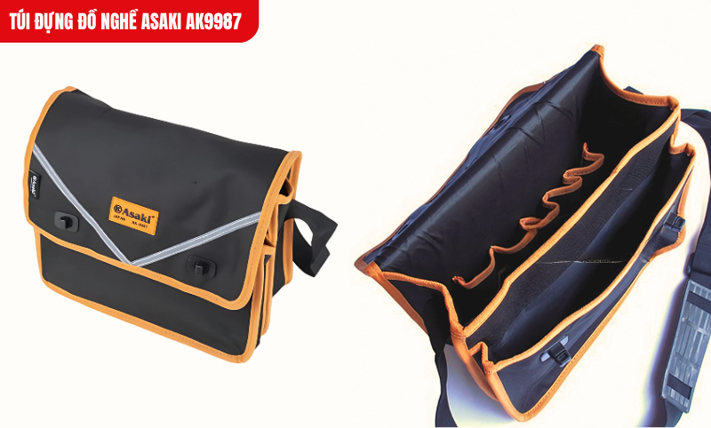 Túi đựng đồ nghề Asaki AK9987 làm từ vải sợi siêu bền, 2 ngăn lớn + 5 ngăn nhỏ, kích thước 31x25x15cm, dây đeo điều chỉnh được.